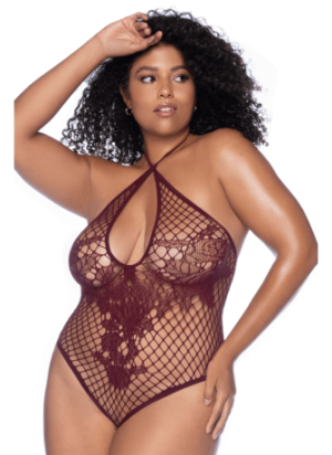 Body string grande taille en résille couleur cerise - MAL1115XCHRY